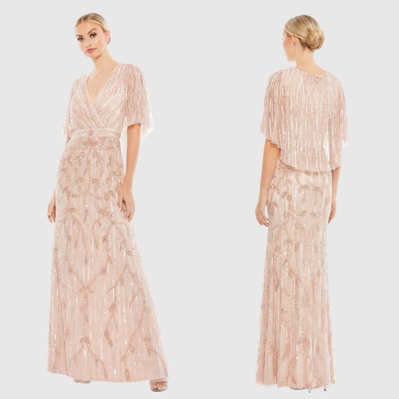 NWT Mac Duggal 9064 Pink Embellished Cap Sleeve Faux Wrap Trumpet Gown Size 10 - Picture 1 of 12